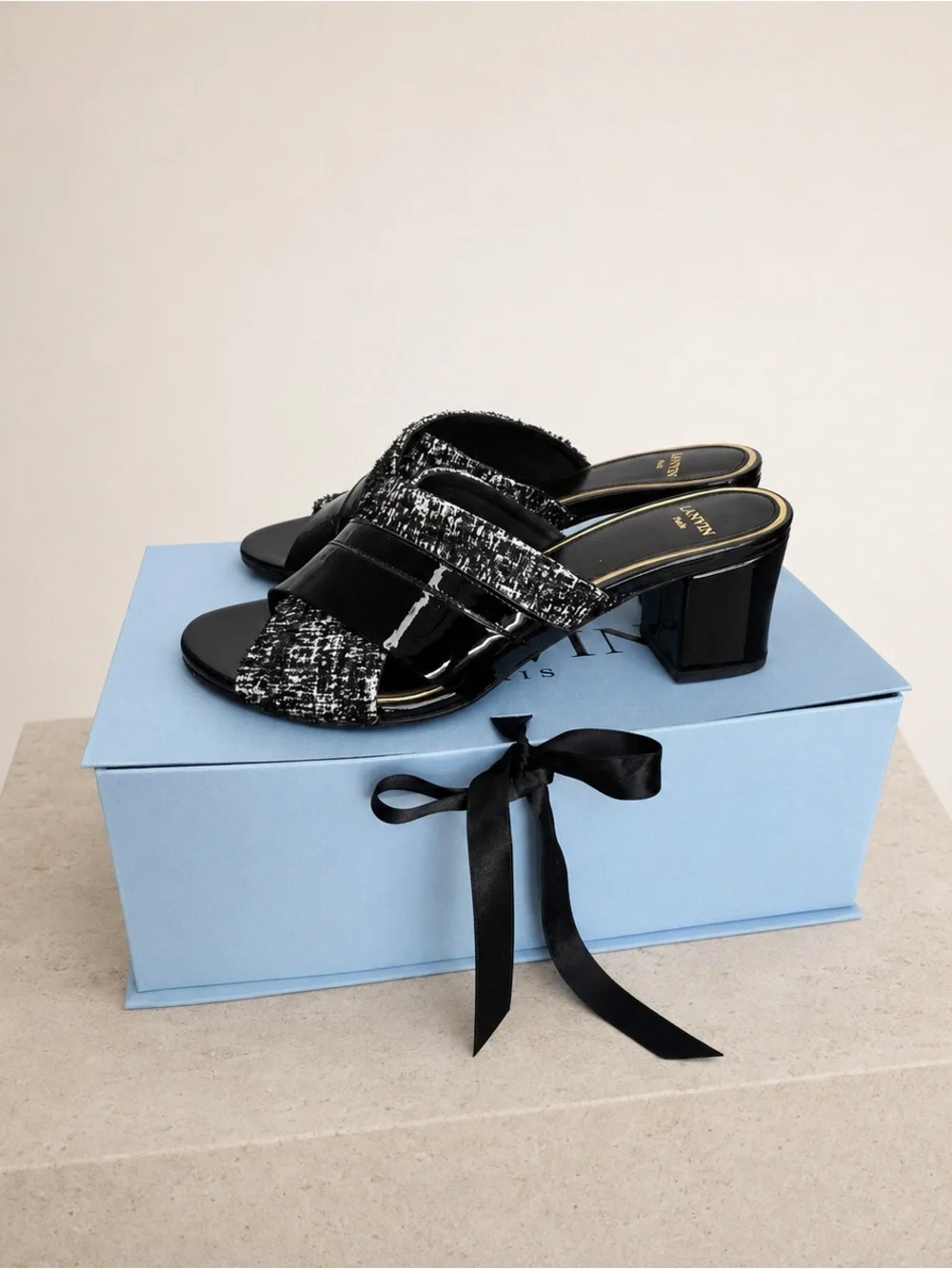 Lanvin Black Tweed & Patent Leather Crisscross Slide Mules